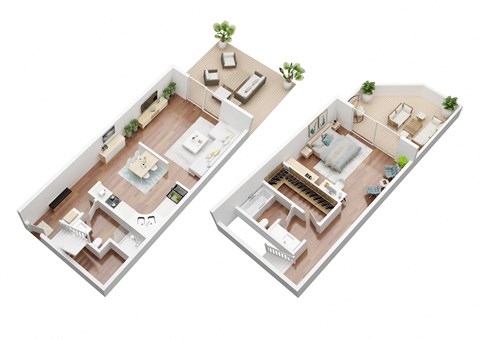 Floor plan for 1 bed, 1.5 baths, 742 sqft